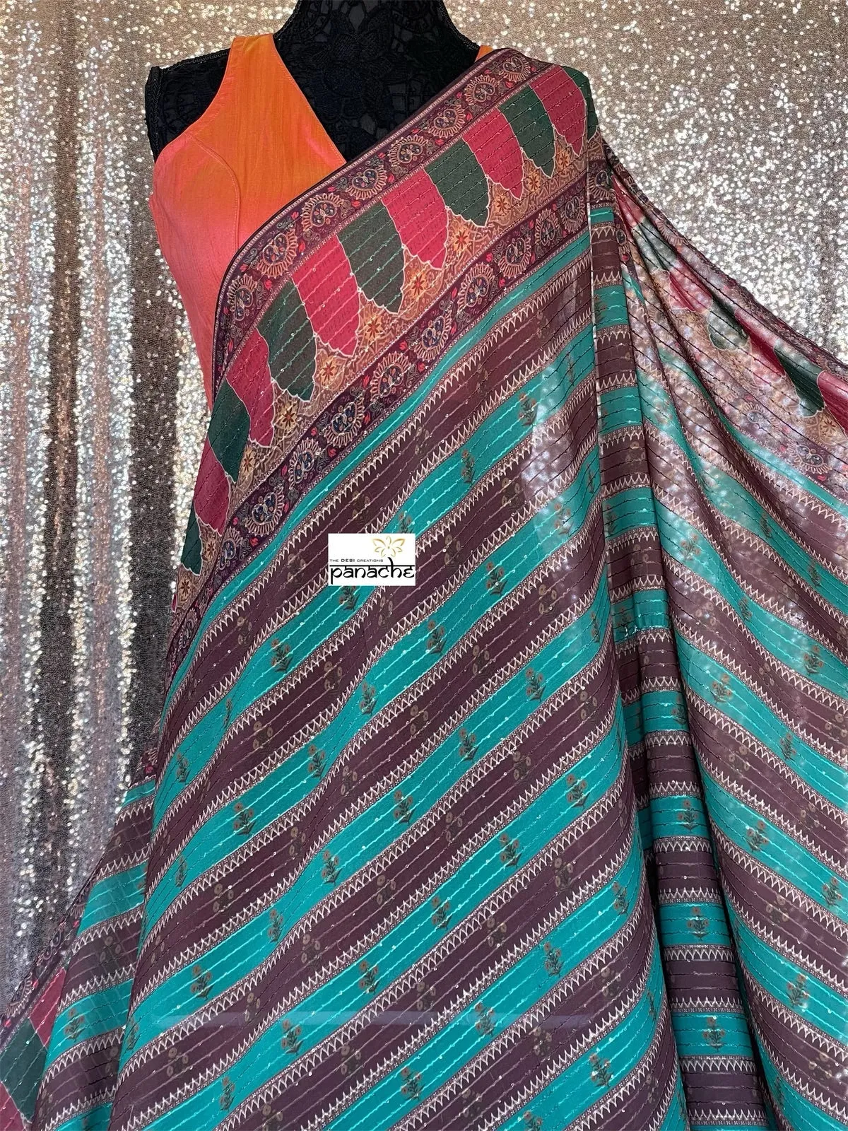 Designer Inspired Georgette Saree - Green Brown Sequin