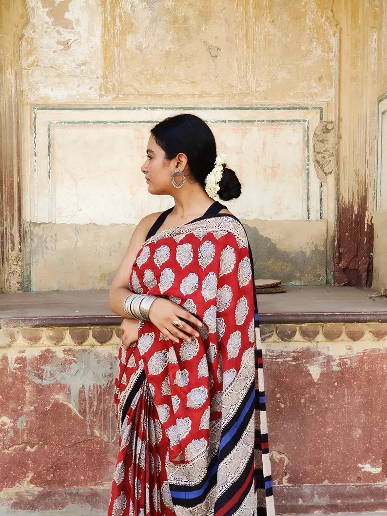 Earthy Red - Hand Block Print Mulmul Cotton Bagru Saree