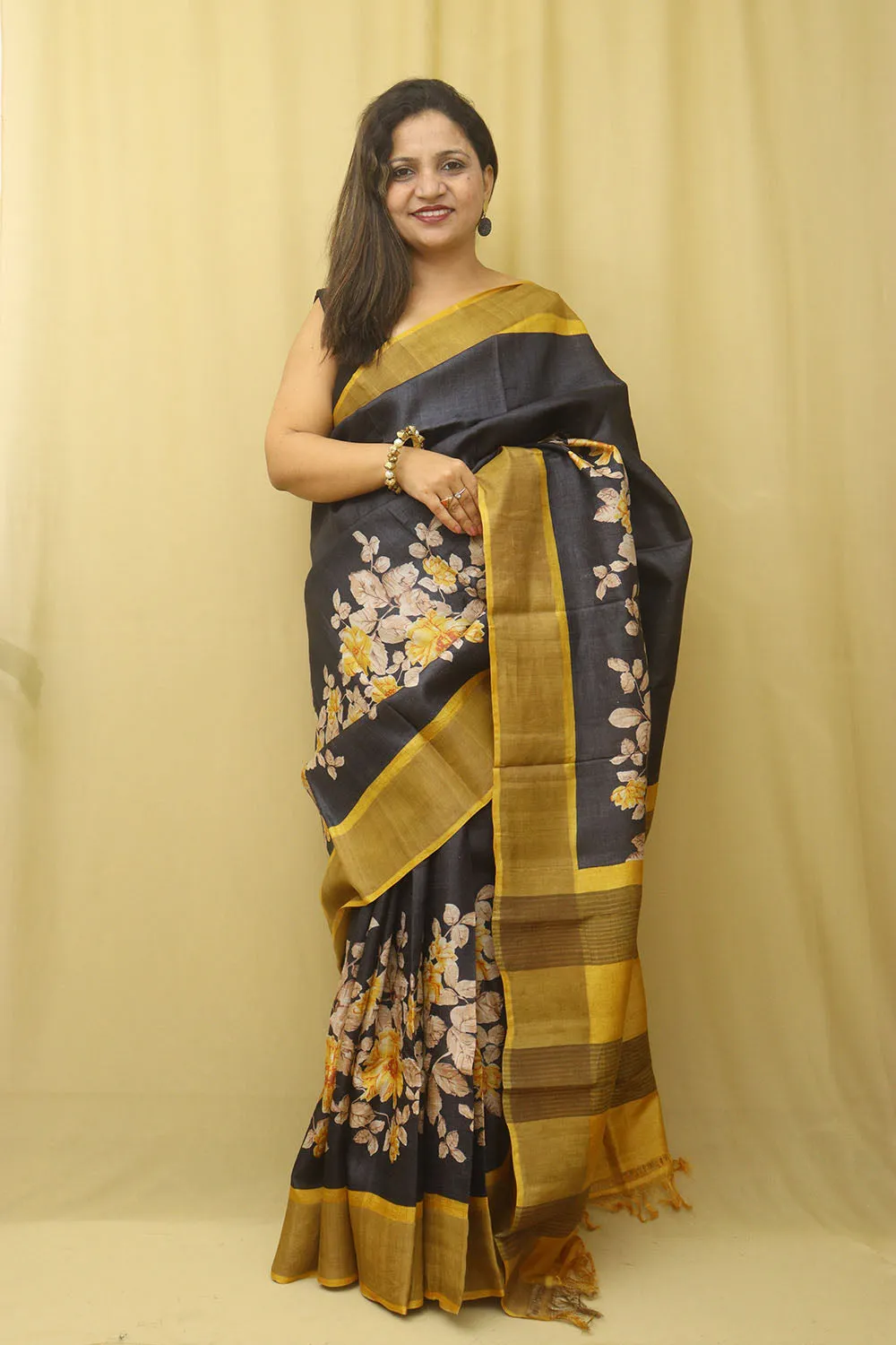 Elegant Black Block Printed Tussar Silk Saree Saree