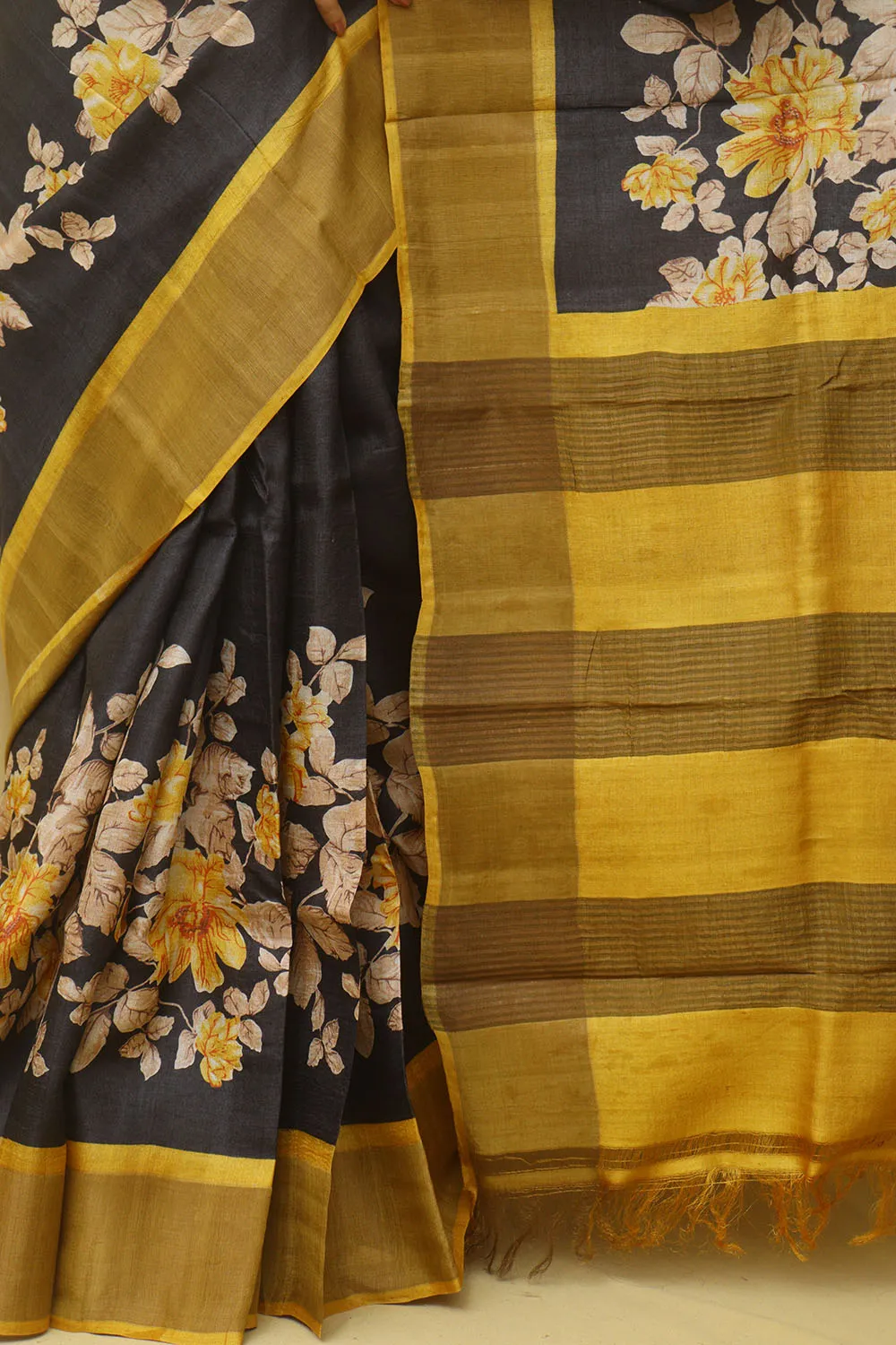 Elegant Black Block Printed Tussar Silk Saree Saree