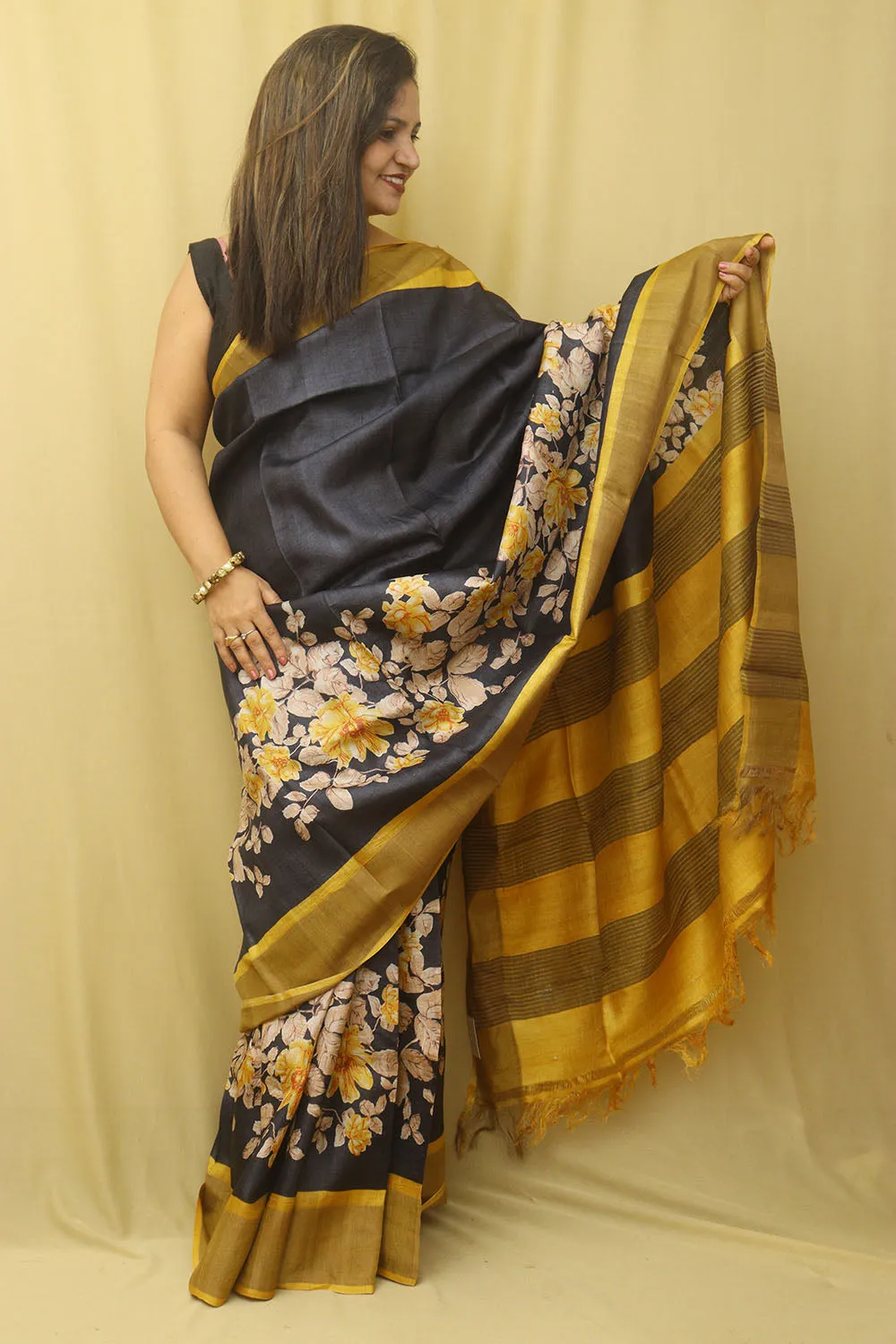 Elegant Black Block Printed Tussar Silk Saree Saree