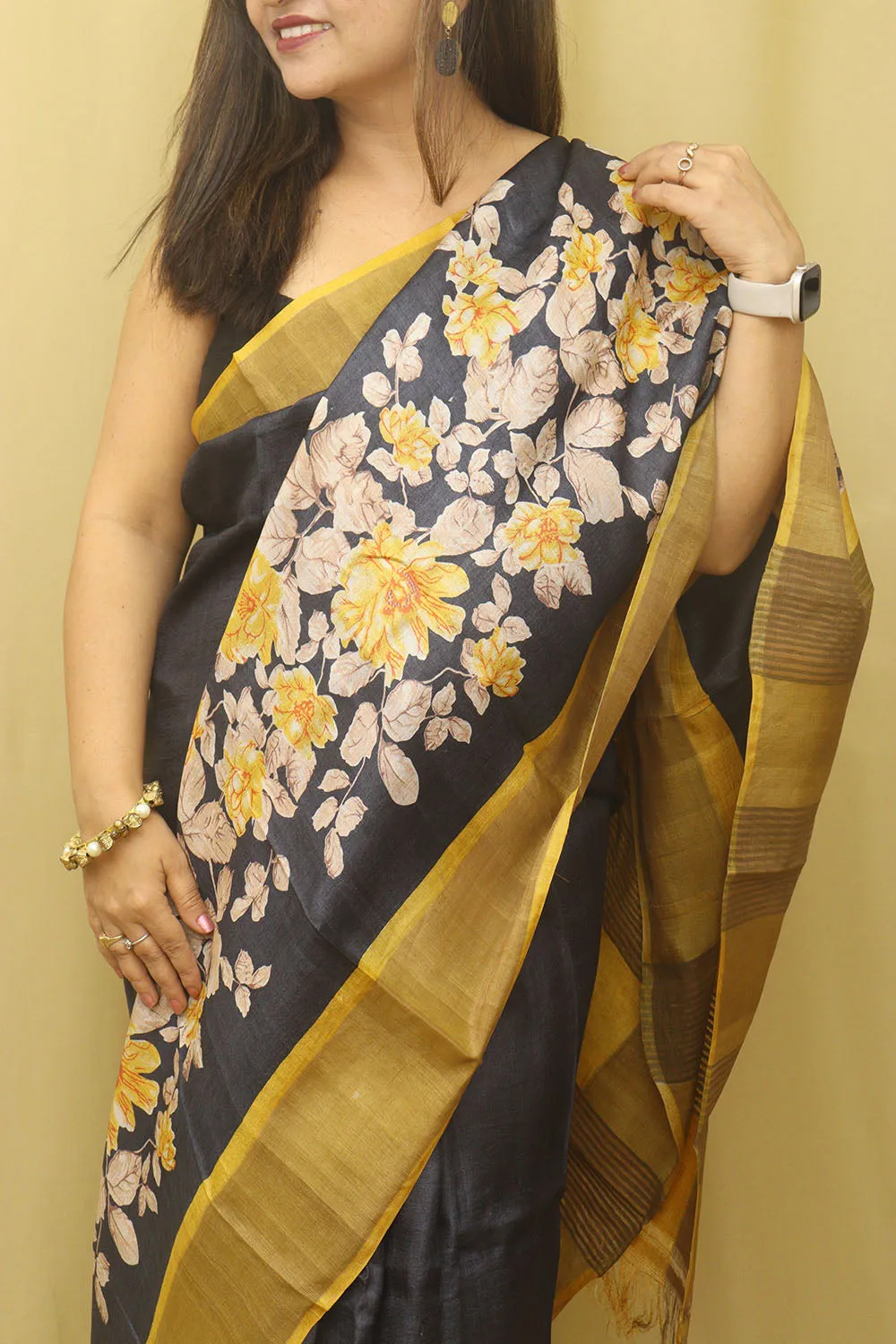 Elegant Black Block Printed Tussar Silk Saree Saree