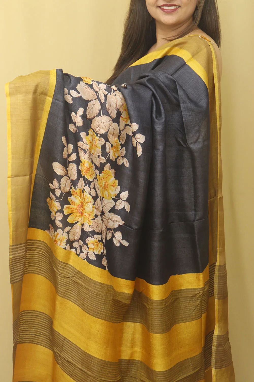 Elegant Black Block Printed Tussar Silk Saree Saree