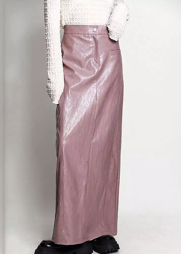 Elegant Pink Side Open High Waist Faux Leather Skirt Spring AB1045