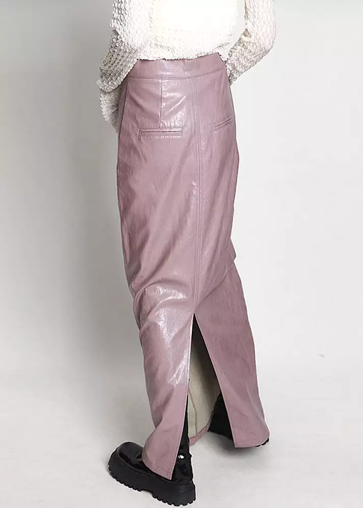 Elegant Pink Side Open High Waist Faux Leather Skirt Spring AB1045