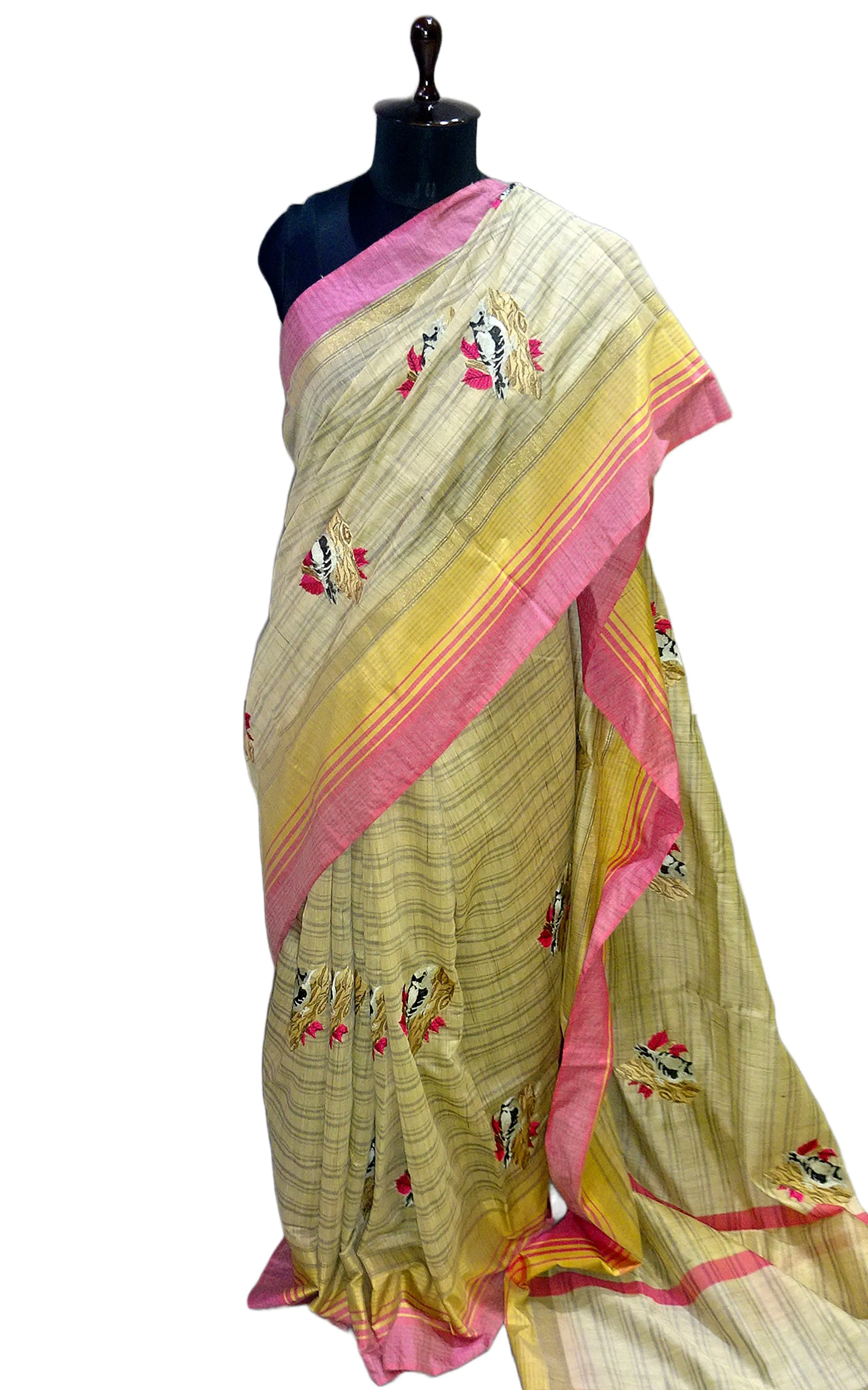 Embroidery Work Semi Tussar Saree in Beige and Pastel Pink