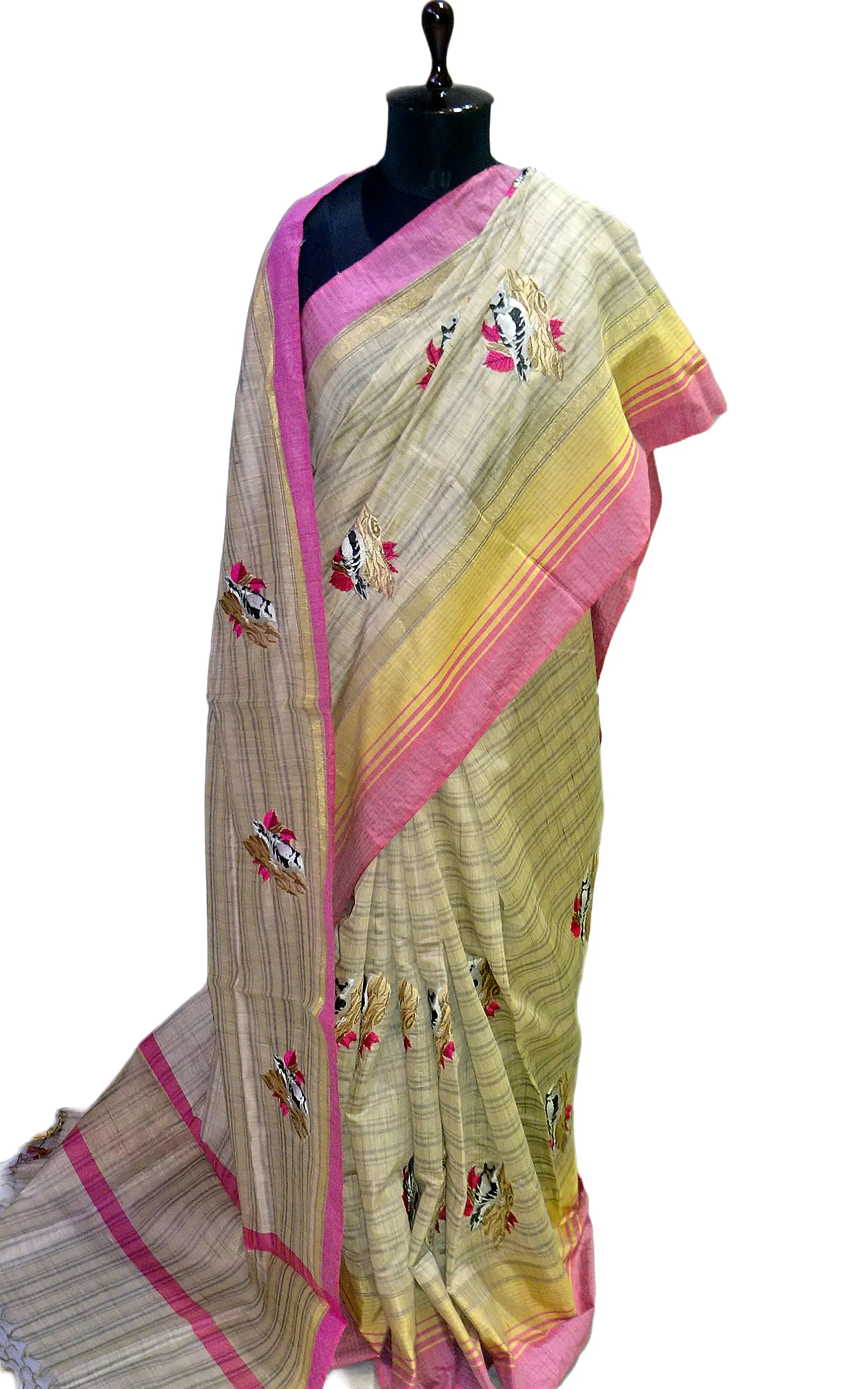 Embroidery Work Semi Tussar Saree in Beige and Pastel Pink