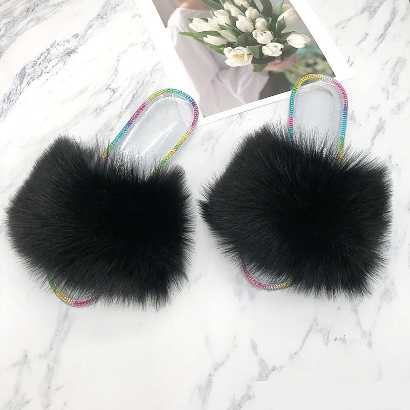 Fashion Black Summer Synthetic Fur Slides House Slippers for Women