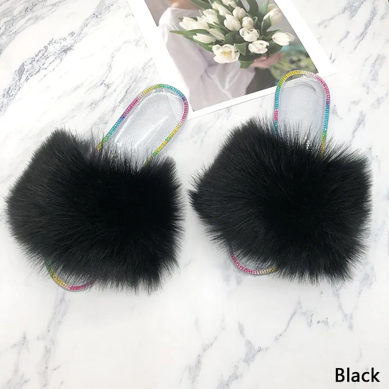 Fashion Black Summer Synthetic Fur Slides House Slippers for Women