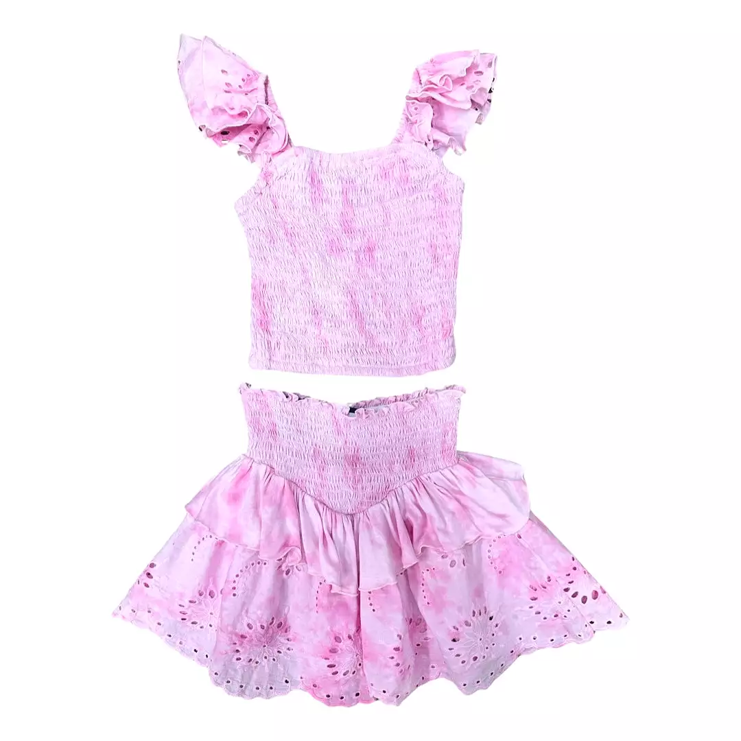 FBZ Pink Tie Dye Eyelet Tiered Skirt