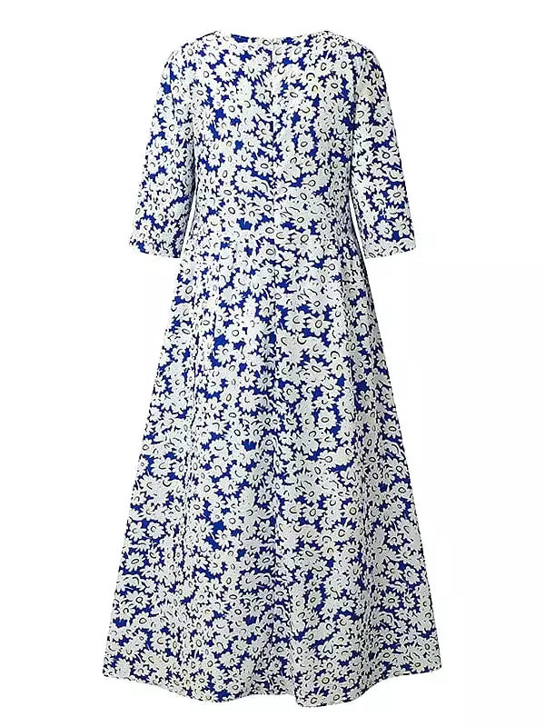 Feminine Floral Print Ruched Midi Dress with Half Sleeves