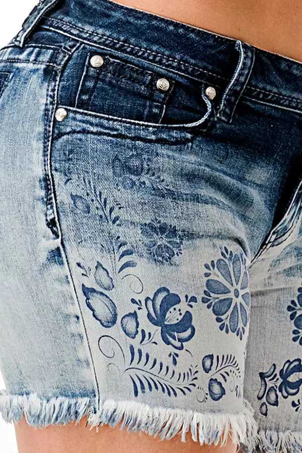 Floral Printing Light Wash Mid Rise Denim Shorts