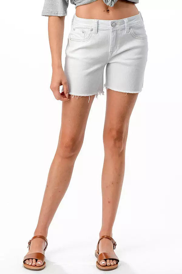 Flu De Lee Embellishment Mid Rise White Denim Shorts