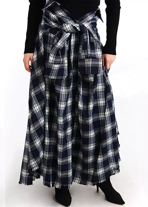 French Plaid Lace Up Button Elastic Waist Cotton Skirt Spring AB1064