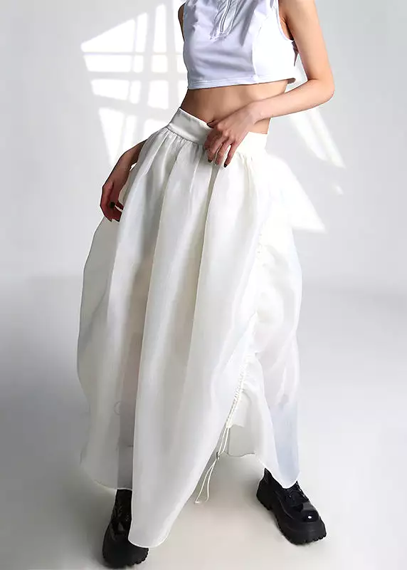 French White Drawstring High Waist Tulle Skirt Summer AS1053