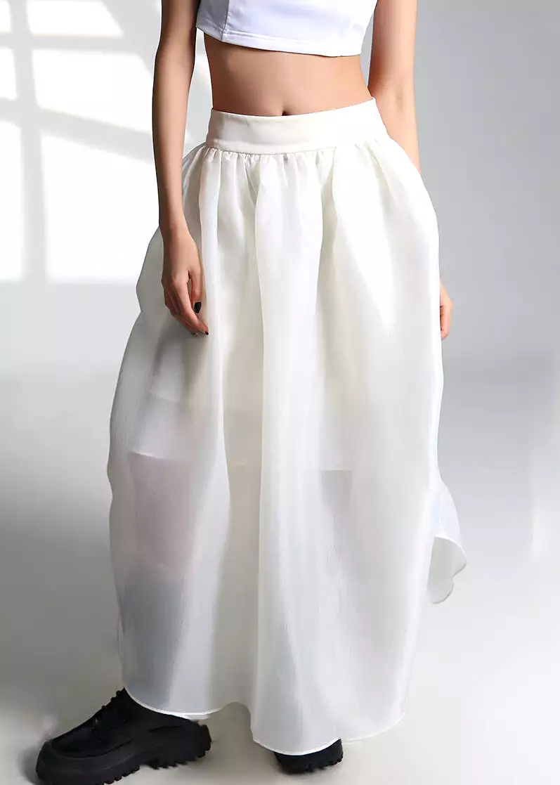 French White Drawstring High Waist Tulle Skirt Summer AS1053