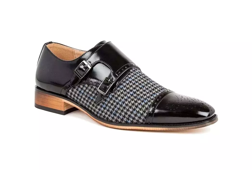 Gino Vitale Double Monk Strap Houndstooth Medallion Cap Toe Dress Shoes