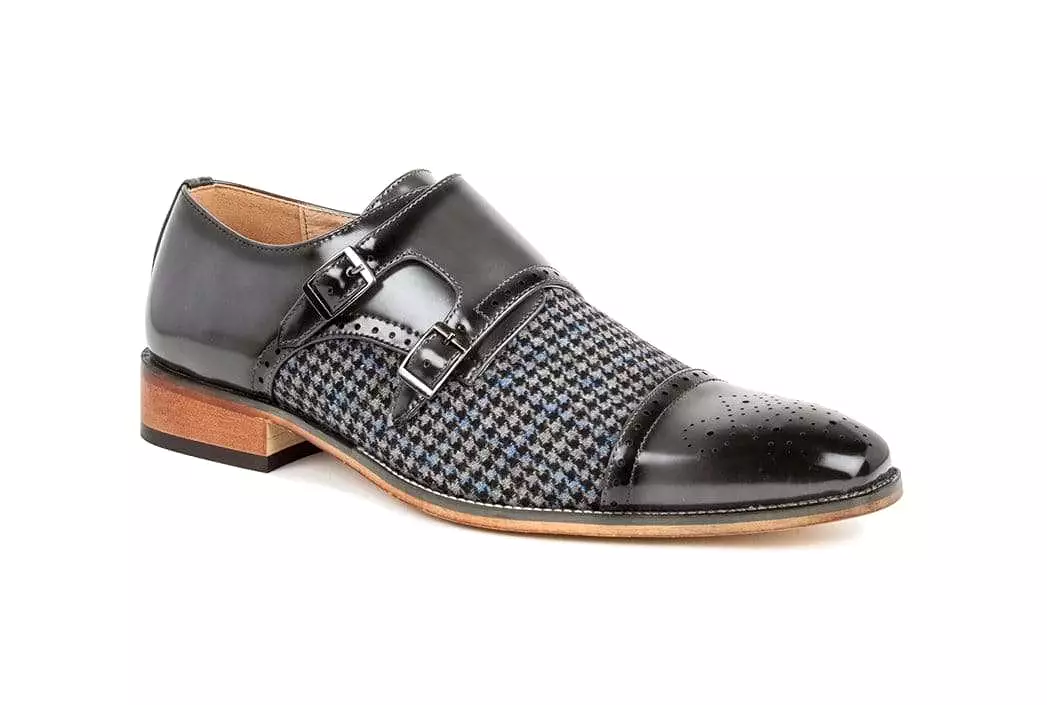 Gino Vitale Double Monk Strap Houndstooth Medallion Cap Toe Dress Shoes