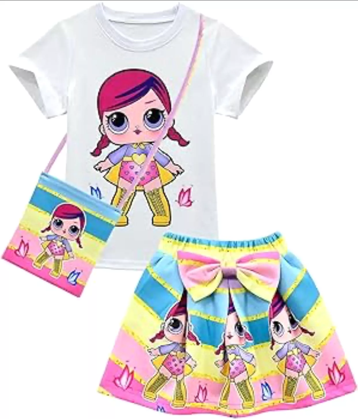 Girls Clothes Sets Summer Doll Short Sleeve Top + Bow Cartoon Print Skirt + Bag 5-6Y S4582023