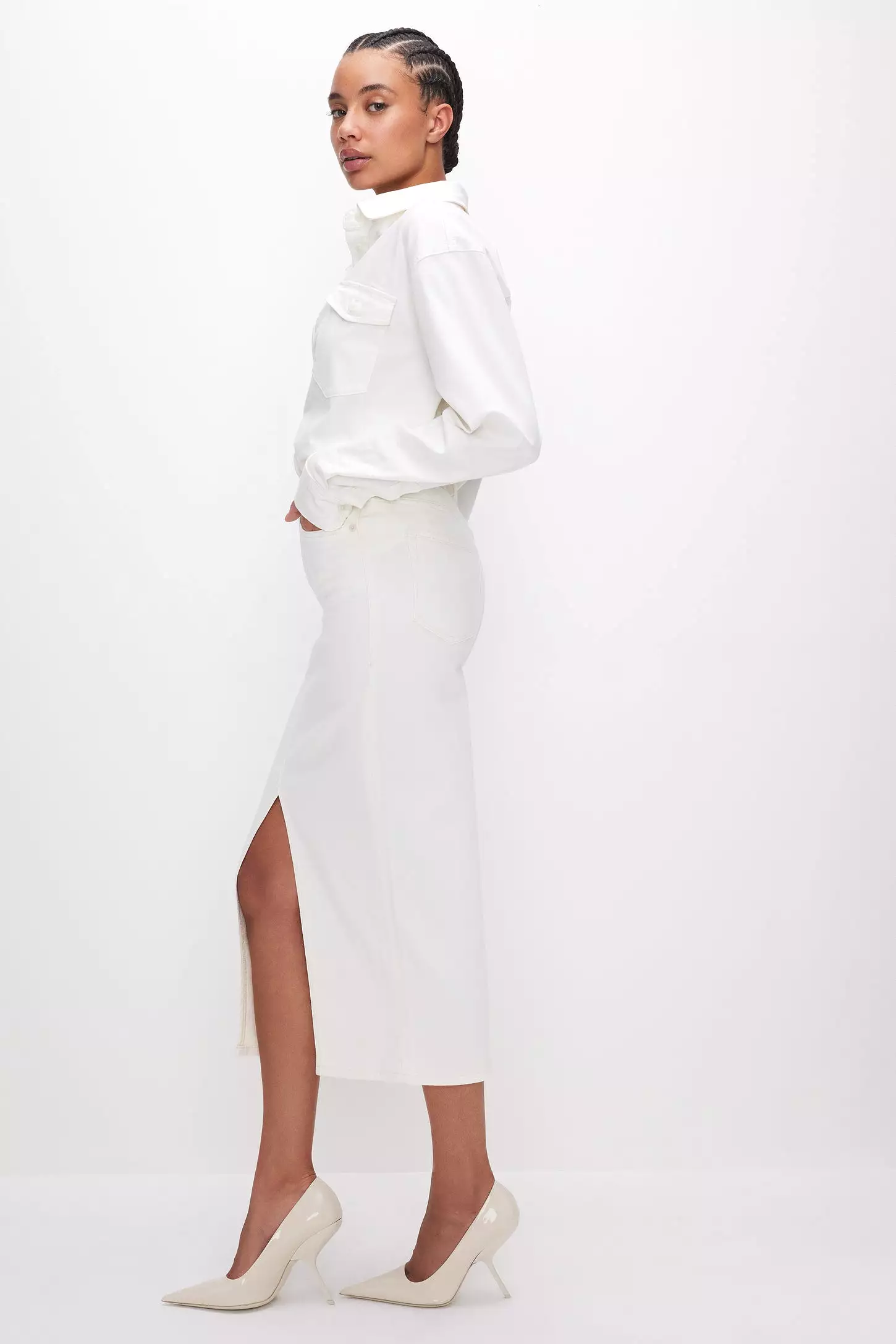 GOOD AMERICAN DENIM MIDI SKIRT Cloud white001