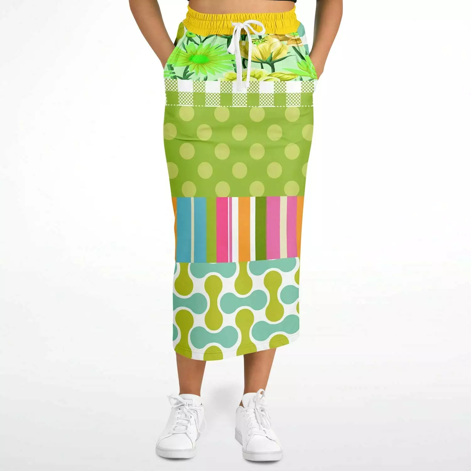 Green Anjou Pear Striped Floral Eco-Poly Long Pocket Skirt