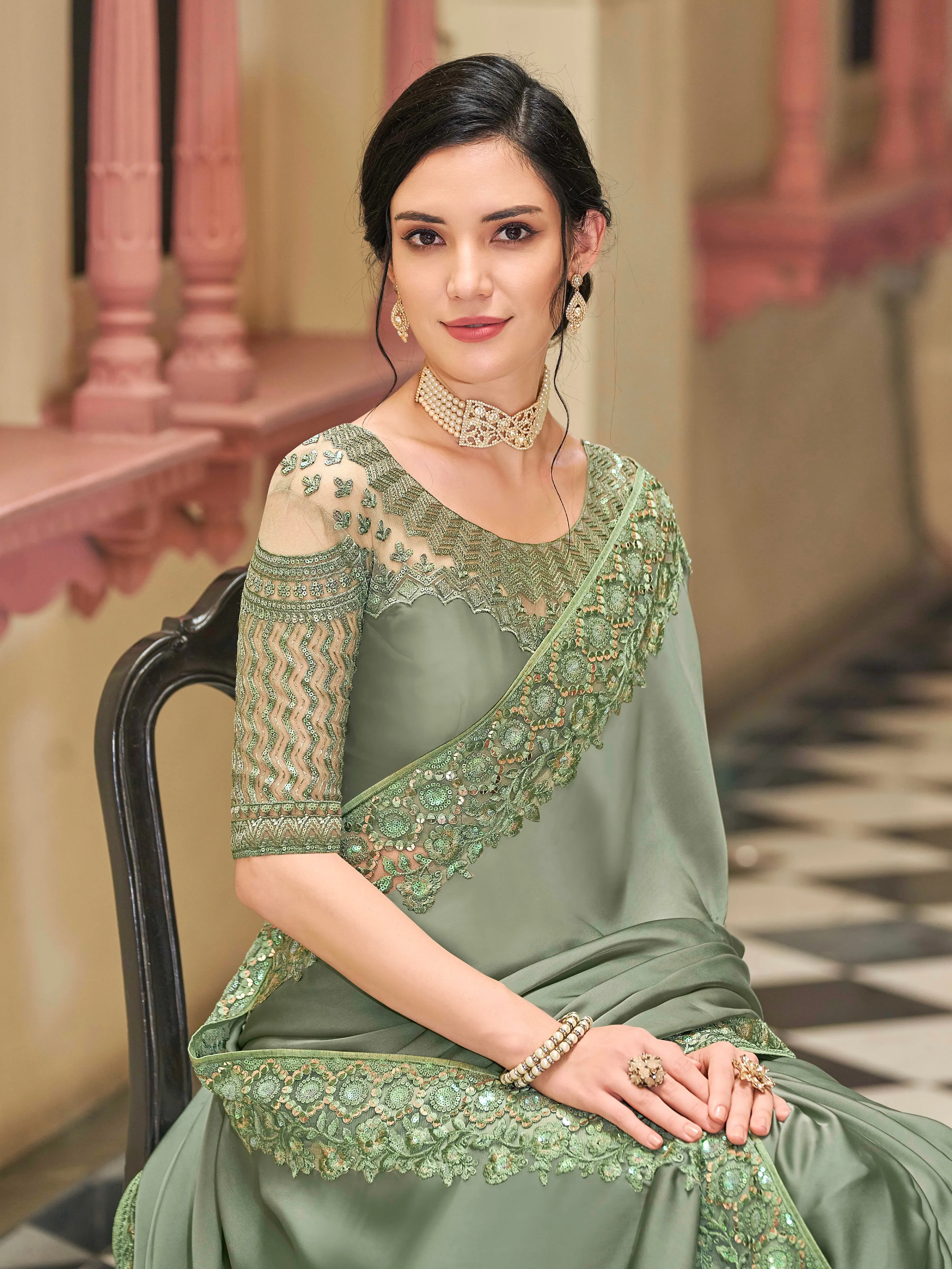 Green Floral Sequins Embroidered Silk Saree