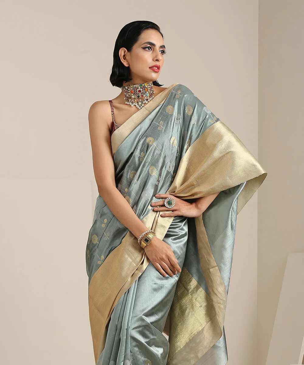 Grey Handloom Silk Chanderi Saree With Broad Gold Border