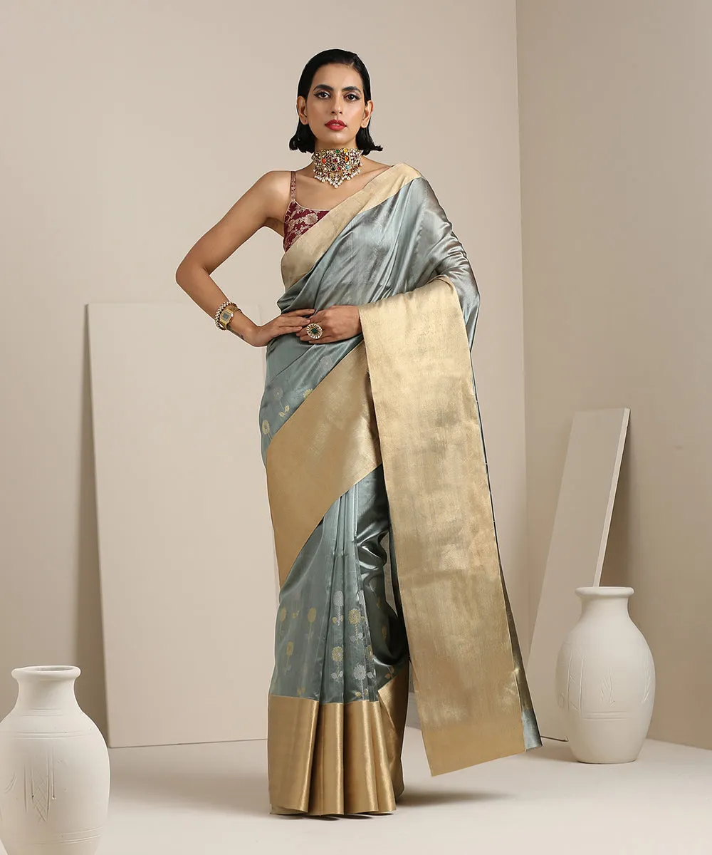 Grey Handloom Silk Chanderi Saree With Broad Gold Border