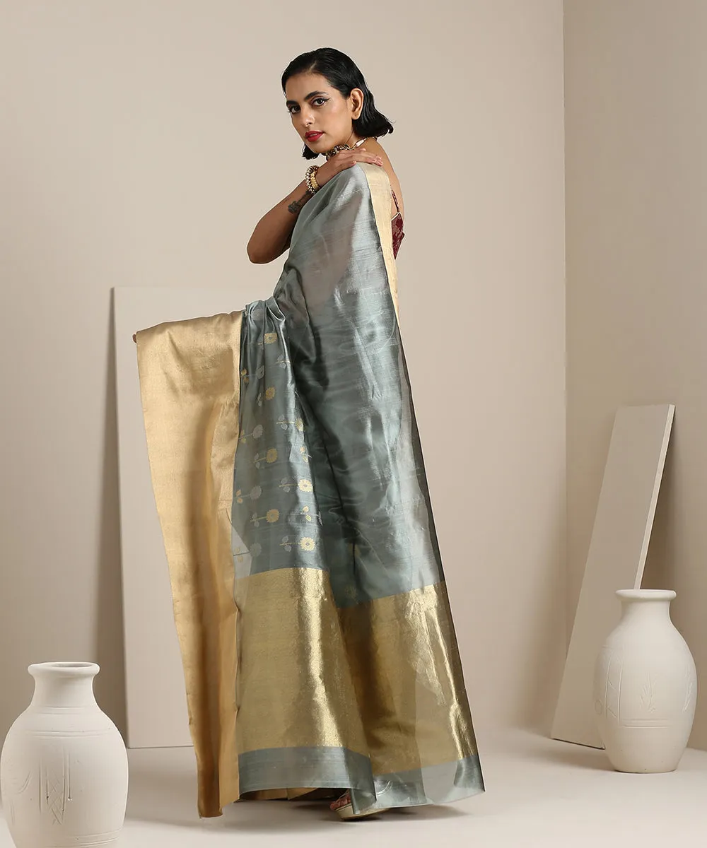 Grey Handloom Silk Chanderi Saree With Broad Gold Border