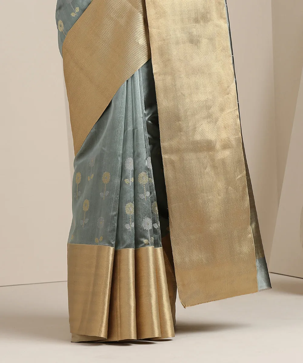 Grey Handloom Silk Chanderi Saree With Broad Gold Border