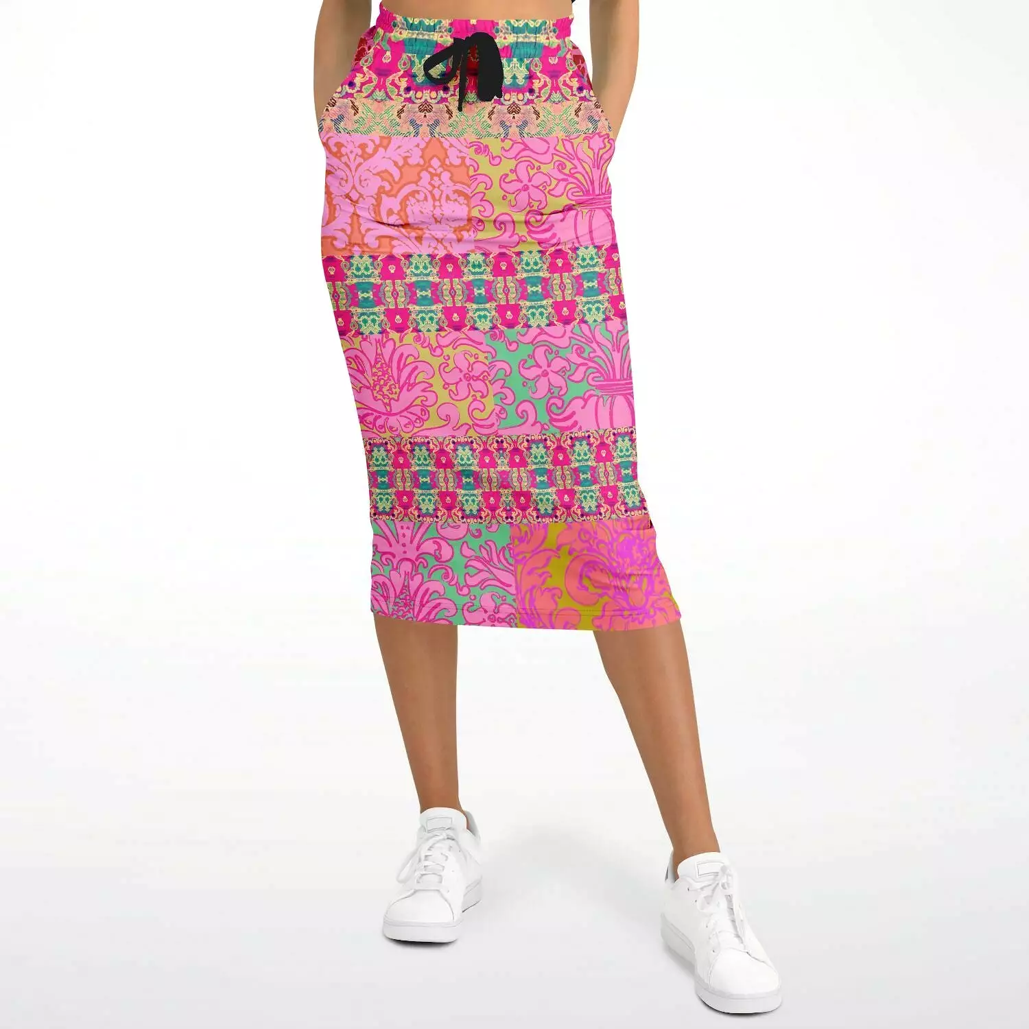 Gypsy Beat Pink Floral Patchwork Eco-Poly Long Pocket Skirt