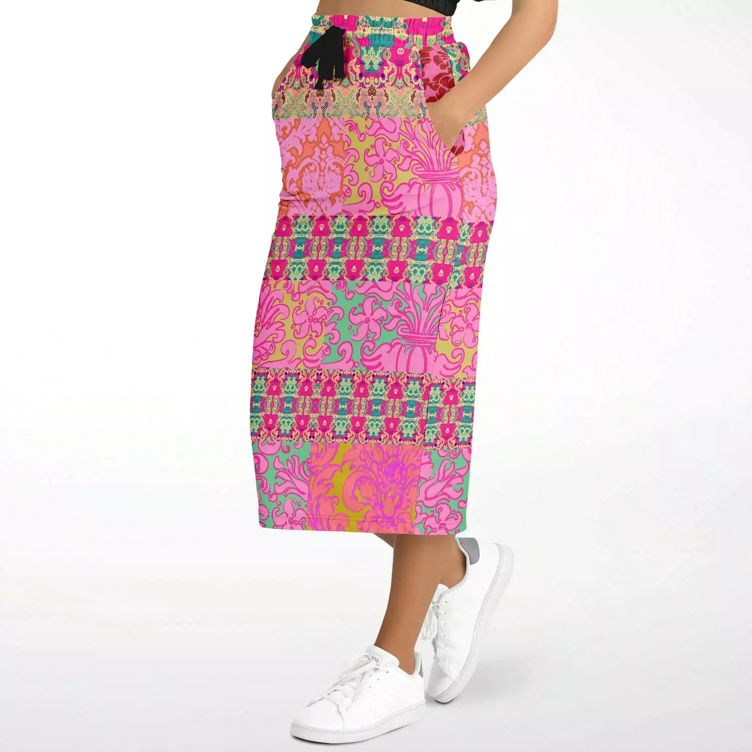 Gypsy Beat Pink Floral Patchwork Eco-Poly Long Pocket Skirt