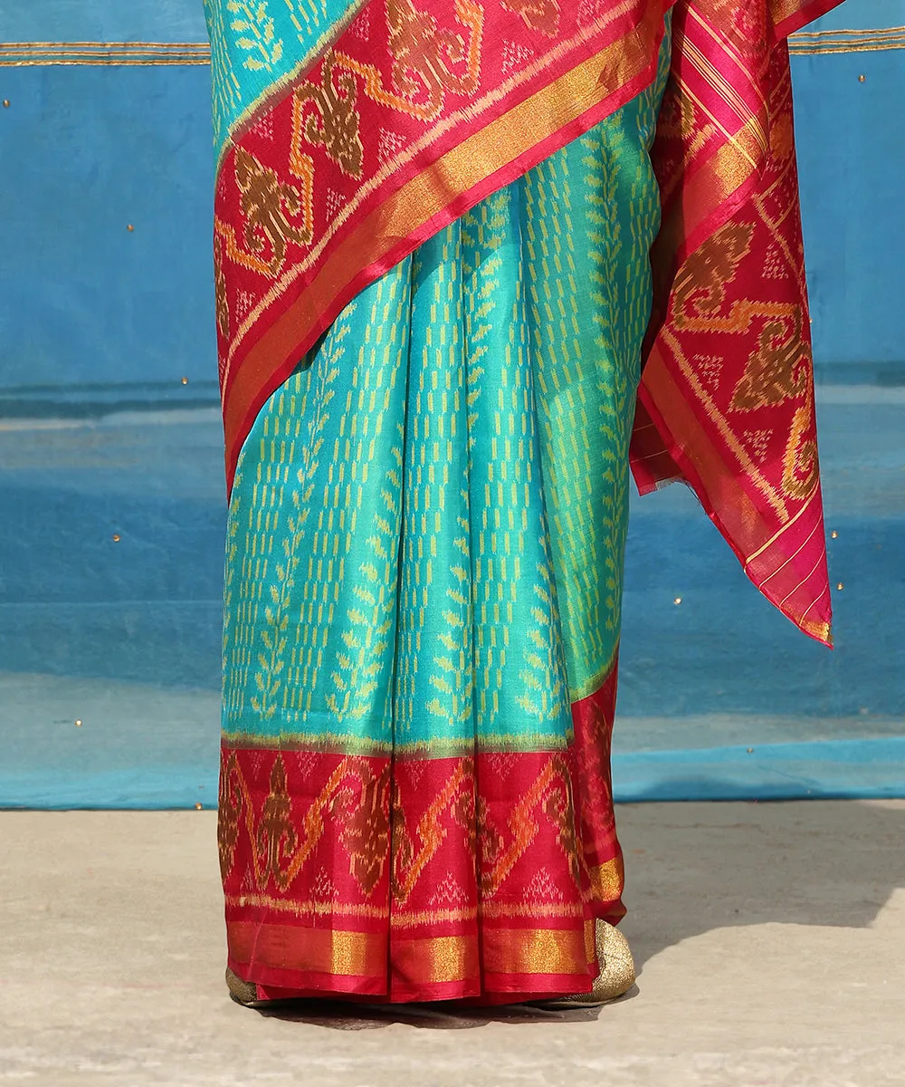 Handloom Aqua Blue Pure Mulberry Silk Ikat Patola Saree With Pink Border And Palla