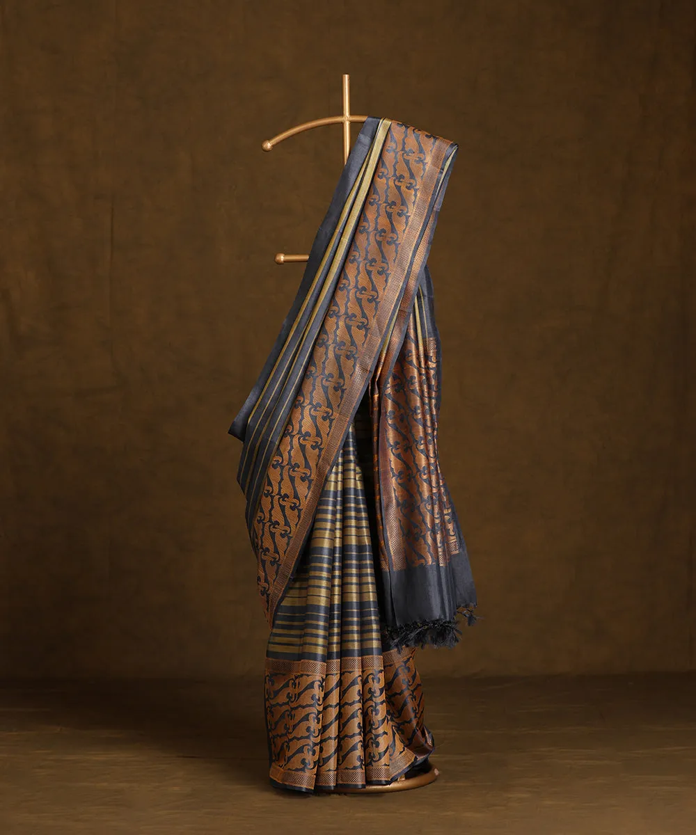 Handloom Bluish Grey Handloom Pure Kosa Silk Horizontal Striped Saree