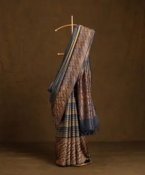 Handloom Bluish Grey Handloom Pure Kosa Silk Horizontal Striped Saree