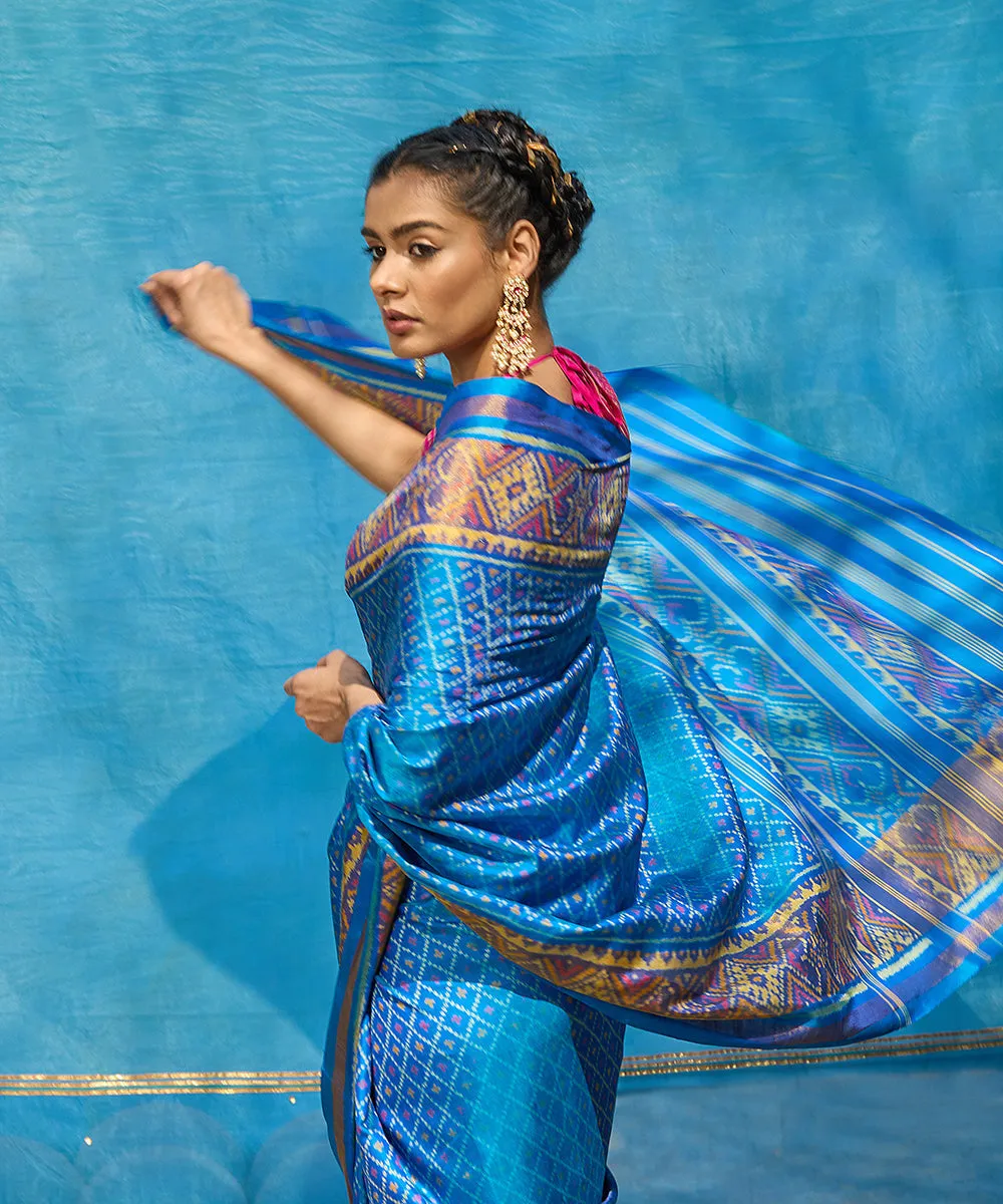 Handloom Electric Blue Pure Mulberry Silk Ikat Patola Saree With Tissue In Border