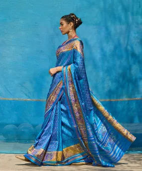 Handloom Electric Blue Pure Mulberry Silk Ikat Patola Saree With Tissue In Border