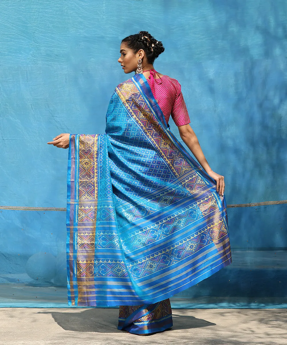 Handloom Electric Blue Pure Mulberry Silk Ikat Patola Saree With Tissue In Border