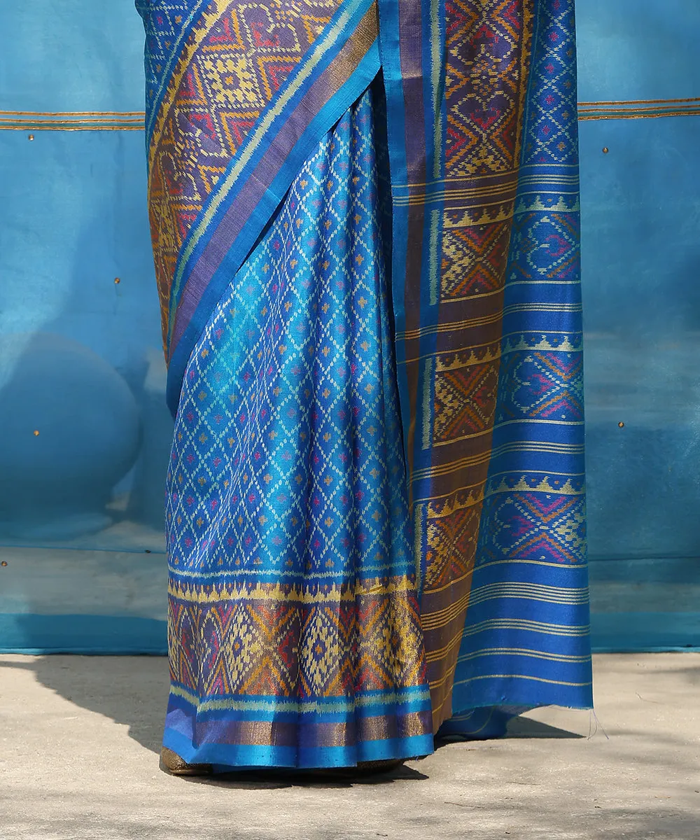 Handloom Electric Blue Pure Mulberry Silk Ikat Patola Saree With Tissue In Border