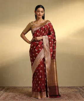 Handloom Maroon Pure Katan Silk Banarasi Saree With Zari Booti And Kadhwa Border