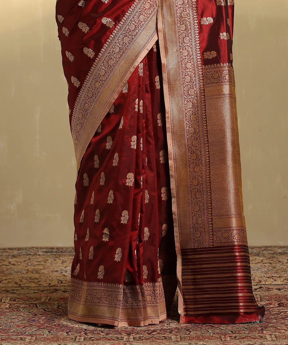 Handloom Maroon Pure Katan Silk Banarasi Saree With Zari Booti And Kadhwa Border