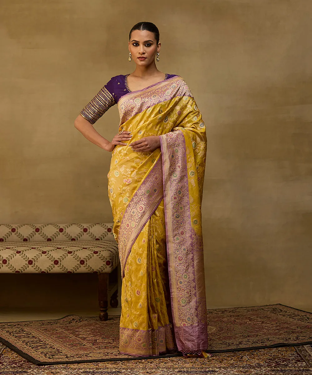 Handloom Mustard And Gold  Katan Tissue Banarasi Saree With Mauve Meenakari Border