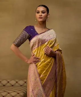 Handloom Mustard And Gold  Katan Tissue Banarasi Saree With Mauve Meenakari Border