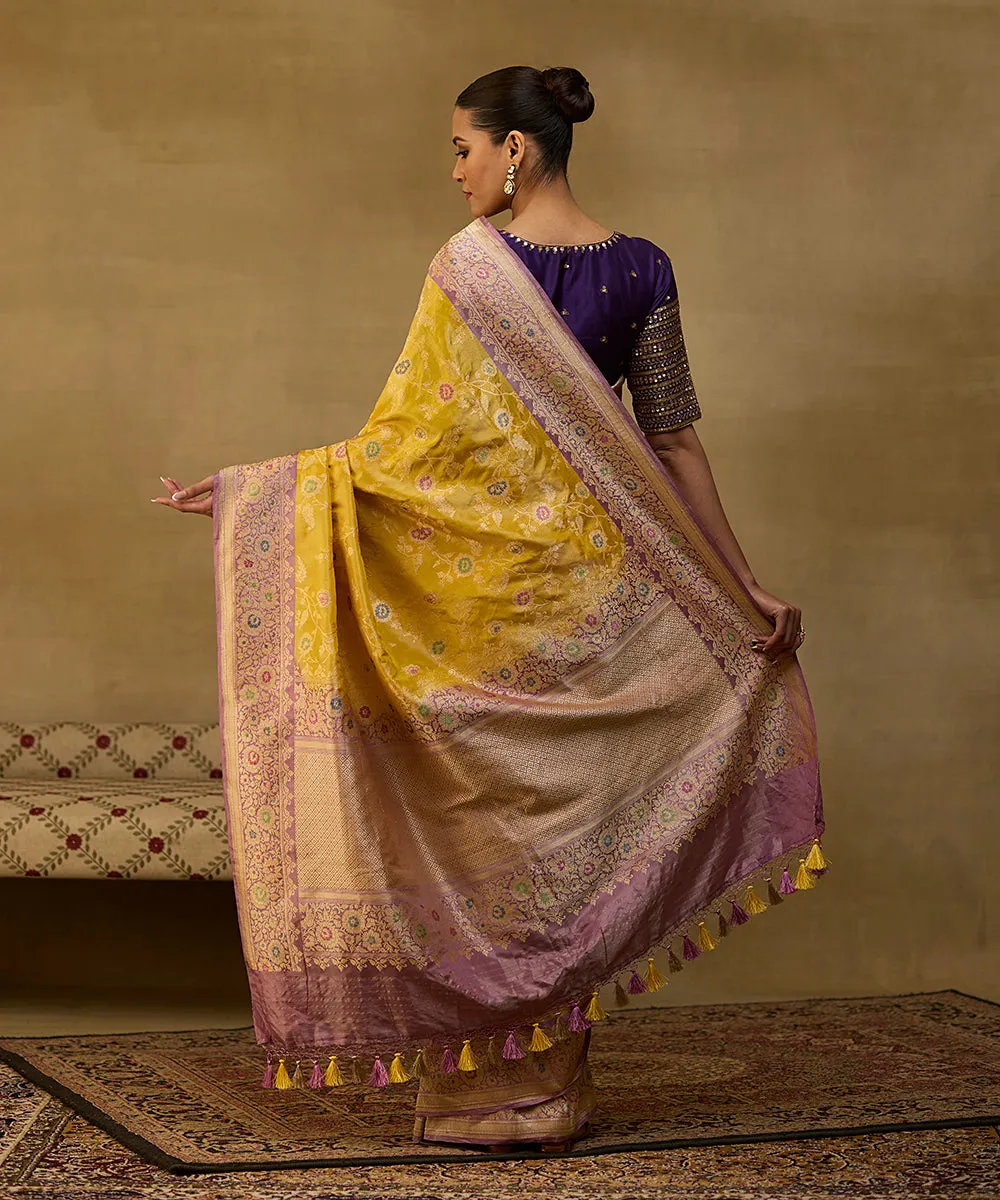 Handloom Mustard And Gold  Katan Tissue Banarasi Saree With Mauve Meenakari Border