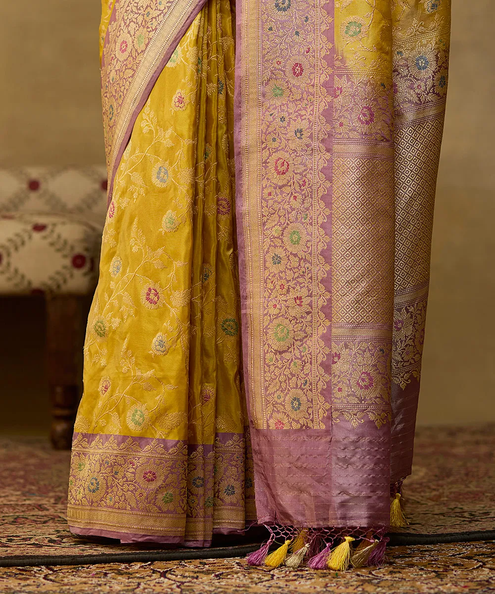 Handloom Mustard And Gold  Katan Tissue Banarasi Saree With Mauve Meenakari Border