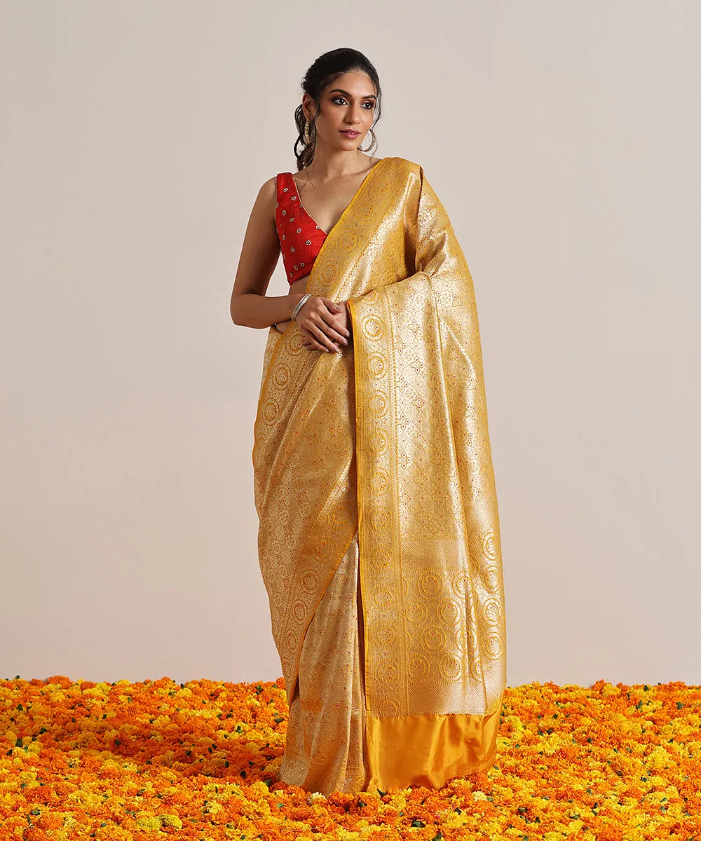 Handloom Mustard Pure Katan Silk Kimkhab Banarasi Saree With Meenakari