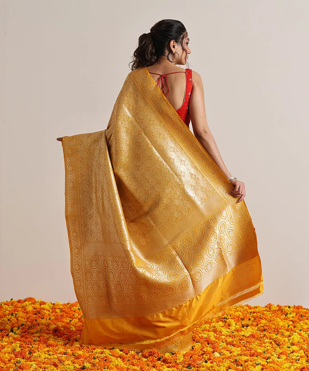 Handloom Mustard Pure Katan Silk Kimkhab Banarasi Saree With Meenakari