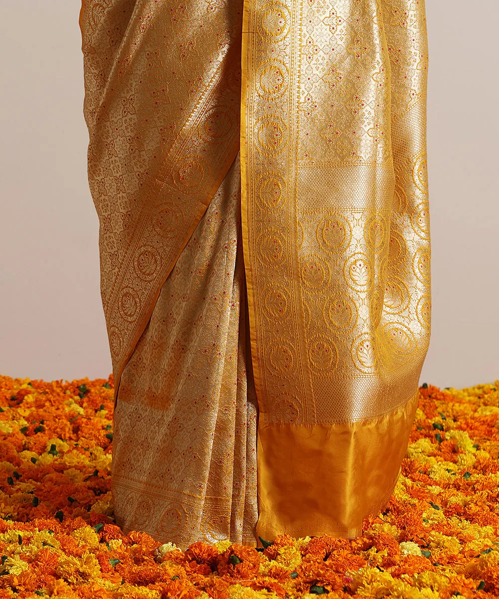 Handloom Mustard Pure Katan Silk Kimkhab Banarasi Saree With Meenakari