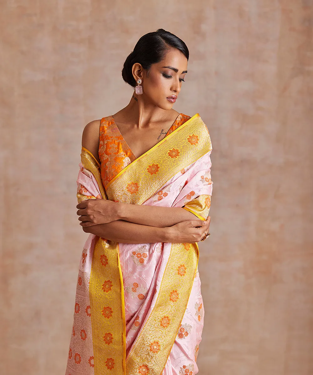 Handloom Pink And Yellow Pure Mashroo Silk Tanchoi Banarasi Saree