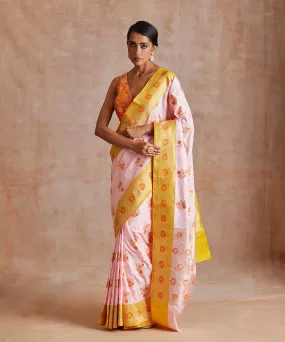 Handloom Pink And Yellow Pure Mashroo Silk Tanchoi Banarasi Saree